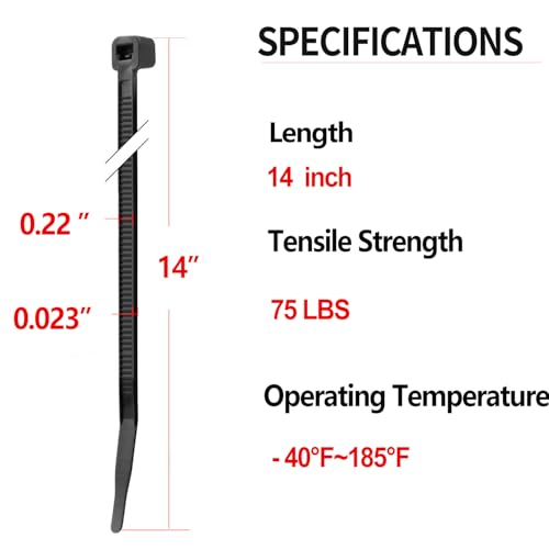200PCS 14 inch Black Zip Ties 75LBS Tensile Strength Self-Locking heavy duty UV Resistant Cable Tie Wraps for indoor and outdoor use(Black) - color: Black, size: 14inch-200pcs
