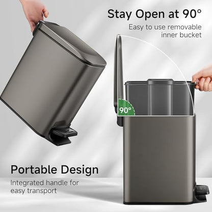 TIPGO Slim Bathroom Trash Can with Lid Soft Close, 6 Liter / 1.6 Gallon Stainless Steel Garbage Can with Removable Inner Bucket, Step Pedal, Small Trash Cans for Bedroom, Office, Kitchen (Black Gold) - color: Black Gold