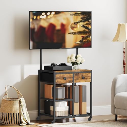 YATINEY TV Stand with Mount, Corner TV Stand with Wheels, for TVs up to 50 Inches, Rolling Entertainment Center, Small TV Stands, for Living Room, Meeting Room, Bedroom, Rustic Brown DS08BR
