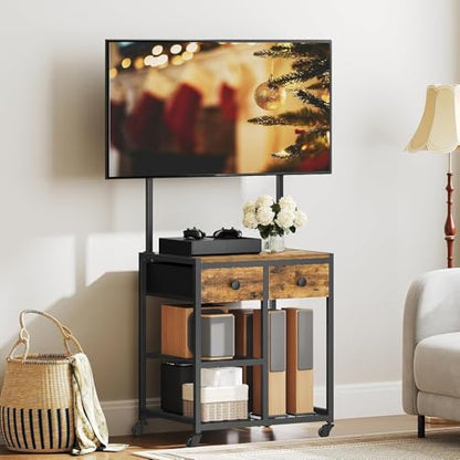 YATINEY TV Stand with Mount, Corner TV Stand with Wheels, for TVs up to 50 Inches, Rolling Entertainment Center, Small TV Stands, for Living Room, Meeting Room, Bedroom, Rustic Brown DS08BR