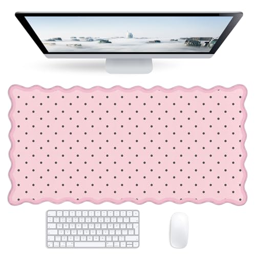 Dots Pink Scalloped Mouse Pad,Cute Kawaii Dot Large Desk Mat Non-Slip Rubber Base,Aesthetic Decor Gaming Computer Desk Pad for Office Laptop Mouse Keyboard Pad, 31.5" x 15.7", XL - color: Dots Pink