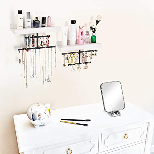 Keebofly Hanging Wall Mounted Jewelry Organizer with Rustic Wood Jewelry Holder Display for Necklaces Bracelet Earrings Ring Set of 2 White,[Patented] - color: White
