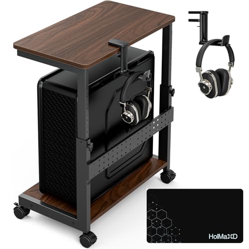 Height Adjustable Computer Tower Stand, 2-Tier ATX-Case CPU Holder with Mouse Pad & Headphone Stand, Mobile PC Standing Under Desk, Home Office Gaming Accessories, Computer Cart, Walnut - color: Walnut