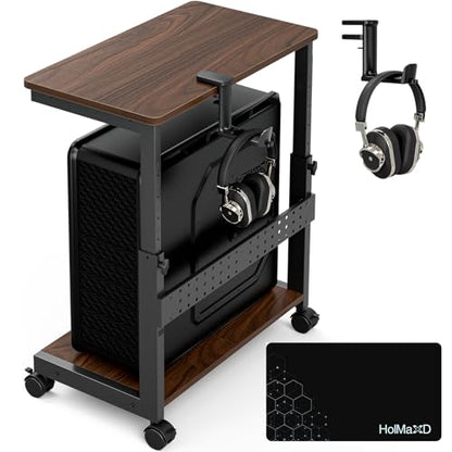 Height Adjustable Computer Tower Stand, 2-Tier ATX-Case CPU Holder with Mouse Pad & Headphone Stand, Mobile PC Standing Under Desk, Home Office Gaming Accessories, Computer Cart, Walnut - color: Walnut