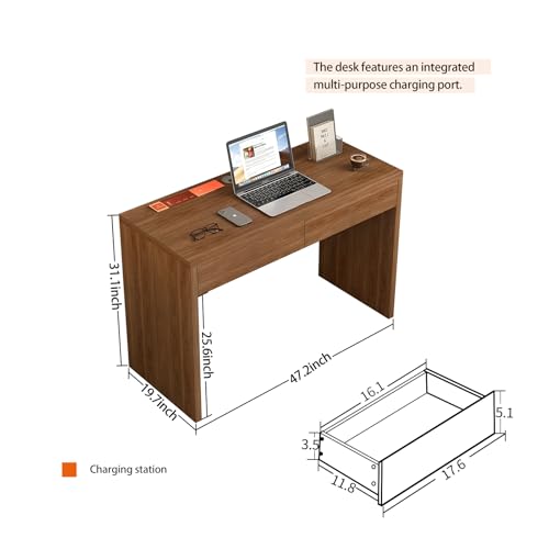 Messenya Dongge 47-Inch Office Desk with Pull-Out Outlet, Computer Desk with 2 Sturdy Drawers, Writing/Gaming/Work/Study Desk for Bedroom, Living Room & Home Office, Brown - color: Brown, size: 2- drawers
