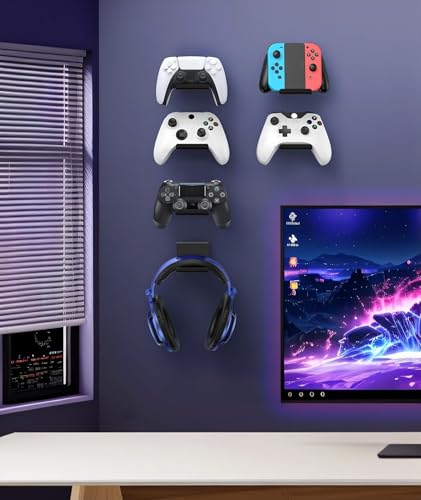 6 Pack Foldable Controller Wall Mount Holder for Xbox PS5 PS4 PS3 Switch Pro Strong Adhesive/Screw Upgraded Controller Stand Hanger with Anti-slip Pad Universal Gaming Remote, Headphone Accessories - color: Black