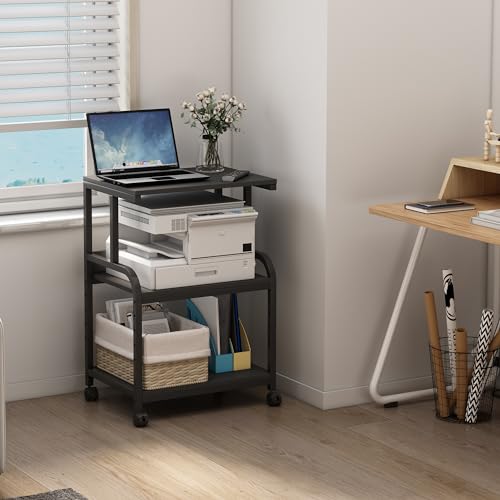 Fannova Printer Stand, 3 Tier Printer Table with Height Adjustable Storage Shelf, Rolling Printer Cart with Wheels for Home Office Organization, Black - color: Black