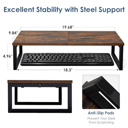 ARCOBIS 20 Inch Monitor Riser, Wood & Metal Computer Monitor Stand Riser for Desk, Rustic Brown