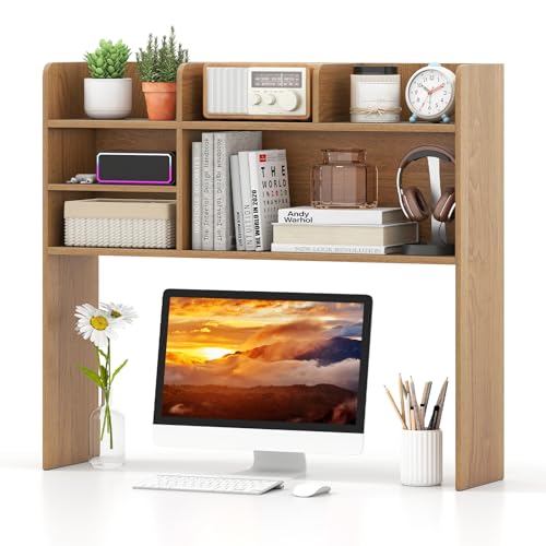 Tangkula Desktop Bookshelf for Computer Up to 32”, 37” Countertop Storage Hutch with 6 Storage Shelves, 3-Tier Desktop Organizer Display Rack, Wooden Desk Hutch for Dorm Home Office (Natural) - color: Natural, size: 6 Shelves
