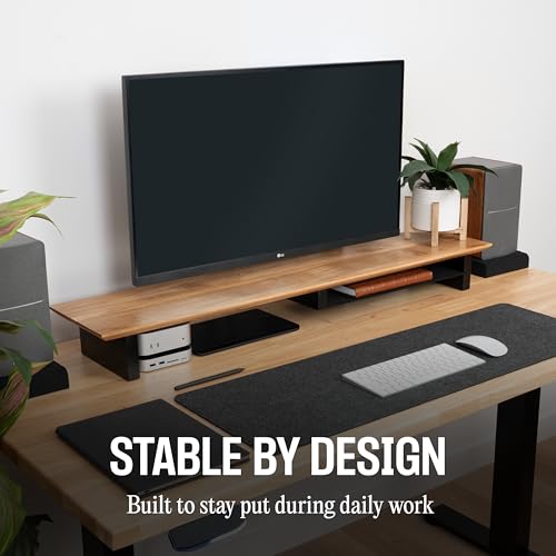 COREMINDED Solid Wood Dual Monitor Stand Riser, 42 Inch Oak Desk Shelf | Fits 2 Monitors, Sturdy & Stable Solid Wood, Under Monitor Keyboard Storage, Office Desktop Organizer, Easy Assembly, Oak - color: Oak