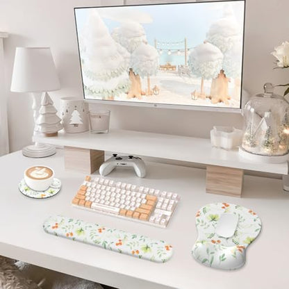 AKIT 3-in-1 Ergonomic Mouse Pad with Wrist Support & Keyboard Wrist Rest Set, Premium Memory Foam Mousepad with Coaster, Pain Relief for Office, Home, Gaming - [Anti-Slip & Breathable Lycra], Flower - color: Flower