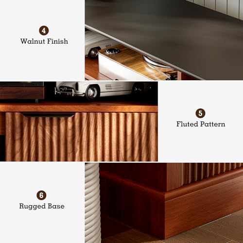 LCRBOL TV Stand for up to 65" TV, Mid-Century Entertainment Center, Walnut | 63"W x 15.4"D x 25"H, 2 fluted cabinets, 1 drawer & open shelves, matte walnut top, top holds 180 lbs, ~90 min assembly - color: Brown & Black