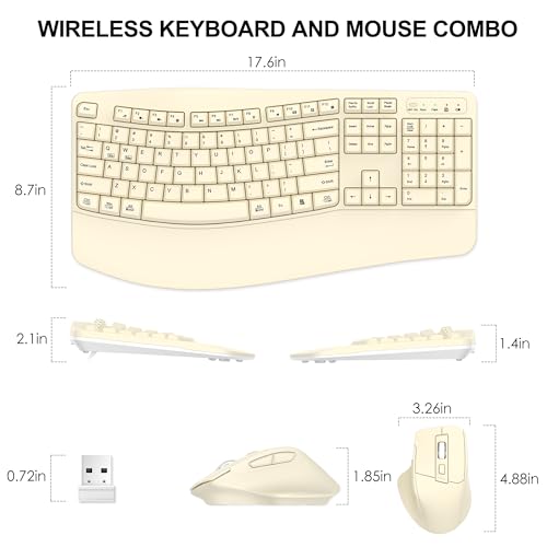 Wireless Keyboard and Mouse Combo, Ergonomic Wave Keys (Latte) | 2.4G Full Size Wave Keyboard with Wrist Rest, 3-Level DPI Adjustable Ergonomic Mouse for Windows and Mac OS Desktop/Laptop/PC - color: Latte
