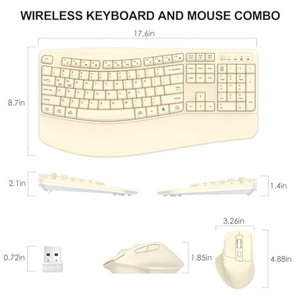 Wireless Keyboard and Mouse Combo, Ergonomic Wave Keys (Latte) | 2.4G Full Size Wave Keyboard with Wrist Rest, 3-Level DPI Adjustable Ergonomic Mouse for Windows and Mac OS Desktop/Laptop/PC - color: Latte