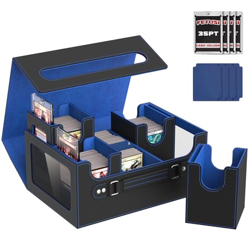 Commander Deck Box for MTG Fits 400+ Double-Sleeved Card Storage, 4 IN 1 Removable Card Case with Multi-purpose Deck Case, Display Window for TCG/PTCG/EDH, 4 Magnetic One Touch Holders(Black Blue) - color: Black Blue