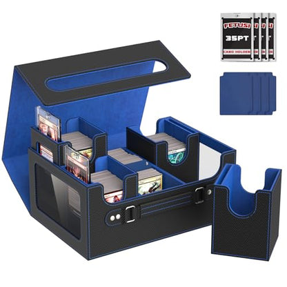 Commander Deck Box for MTG Fits 400+ Double-Sleeved Card Storage, 4 IN 1 Removable Card Case with Multi-purpose Deck Case, Display Window for TCG/PTCG/EDH, 4 Magnetic One Touch Holders(Black Blue) - color: Black Blue