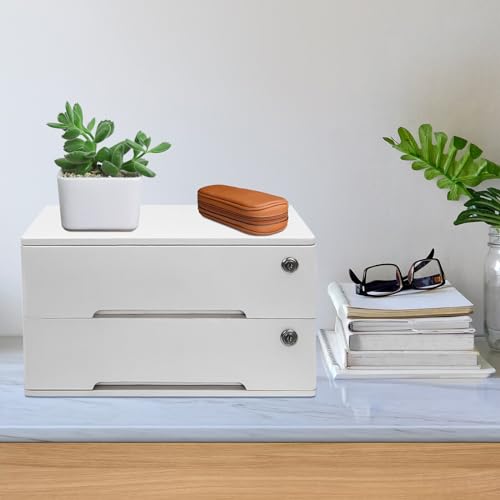 Wooden Desk Organizer with Drawers & Lock, Desktop Countertop Storage Cabinet Lockable Home Office Supplies File Tabletop Organizing Unit (2 Drawer - Modern White) - style: 2 Drawer - Modern White