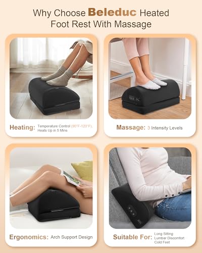 Beleduc Heated Foot Rest Under Desk at Work, Ergonomic Under Desk Foot Stool with Vibration Massage, Memory Foam Footrest, 3 Adjustable Height, Non-Slip