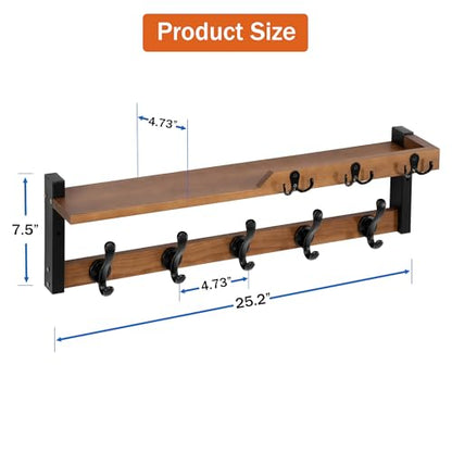 dreampossible 4 in 1 Coat Rack Wall Mount with Shelf, Coat Hooks 25.2" Entryway Coat Hanger with Key Hooks and Mail Holder, Wall Hooks with Shelf, Hat Rack for Wall Key Holder Mail Organizer - color: Brown