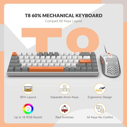 ZIYOU LANG RK-T8PR0 Wired 65% Mechanical Gaming Keyboard and Mouse Combo with RGB LED Backlit Anti-ghosting TKL Mini 68 Key Coiled C to A Cable Linear Red Switch for PS4 PS5 Xbox PC Mac Gamer(Gray) - color: Gray White Orange, size: 65% Keyboard + Mouse