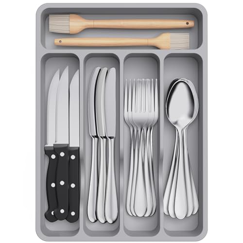 Lifewit Silverware Drawer Organizer Tray, Plastic Cutlery Storage for Kitchen, Flatware and Utensil Holder Divider for Spoons Forks Knives Tableware, 9.1 x 12.6", 5 Slots, Gray - color: Gray, size: 9.1 x 12.6 inch (5 Slots)