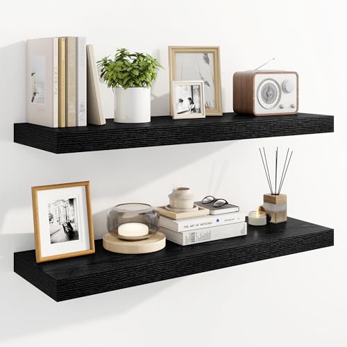 Marsmiles 32" Floating Shelves for Wall, Wooden Shelves with Invisible Brackets Set of 2, Rustic Farmhouse Wall Mounted Shelf for Kitchen Bathroom Living Room Study, Black - color: Black, size: 32"