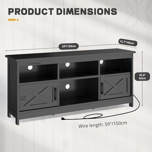 YITAHOME TV Stand for 65 Inch TVs, Entertainment Center with Storage Cabinets, Power Outlet & LED Light, Media TV Console with Barn Doors for Living Room, Black - color: Black, size: 59"W