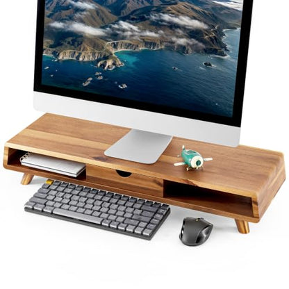 TINAMO Acacia Wood Monitor Stand with Drawer - Wooden Monitor Riser for Desk - Computer Monitor Stand for Desk - Multi-Purpose Desktop Storage Stand for Computer; Laptop; Printer; TV - 24.4 " x 8" x 5" (Patented)
