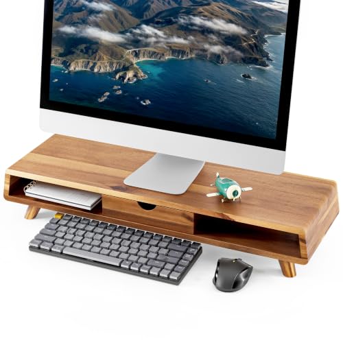 TINAMO Acacia Wood Monitor Stand with Drawer - Wooden Monitor Riser for Desk - Computer Monitor Stand for Desk - Multi-Purpose Desktop Storage Stand for Computer; Laptop; Printer; TV - 24.4 " x 8" x 5" (Patented)