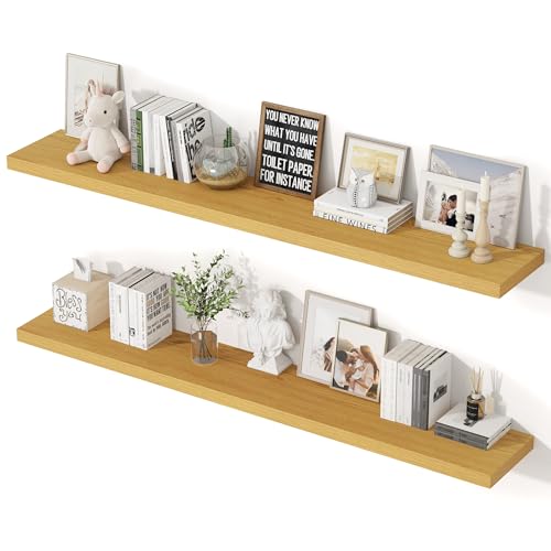 55 Inch Floating Shelves, 12 Inch Deep Floating Shelves for Wall, Extra Deeper & Thicker Wooden Wall Shelf with Invisible Brackets, Shelf for Bedroom Living Room Home Decor（Oak, Set of 2） - color: Oak, size: 55"W x 12"D x 2"H, Set of 2