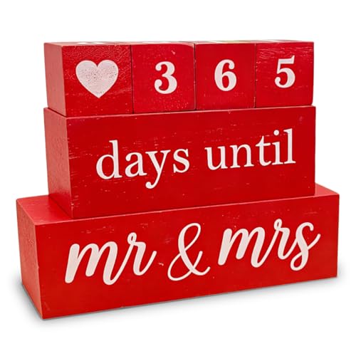 6 Pcs Wooden Engagement Gifts for Couples Wood Engagement Party Decorations Block Wedding Day Countdown Calendar Fiance Gifts for Women Future Mr Mrs Newly Engaged Couples, Red - color: red