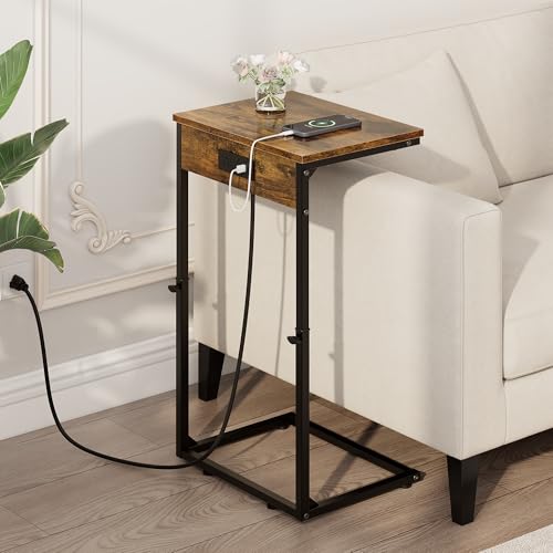 Vagusicc C Shaped End Table with Charging Station, Adjustable Height Side Table for Couch, Small Side Table, 33.2'' Tall Couch Tables that Slide Under, Tv Tray End Table for Living Room, Rustic Brown - color: Rustic Brown (1 Pack), style: With Plug