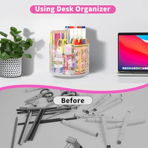 Wawocs Acrylic Pencil Organizer for Desk 4 Compartments with Adhesive DIY Sticker, Rotating Art Supply Organizer with Kawaii Sticker Kids, Spinning Round Marker Small Supply Caddy - size: Medium x1 sticker