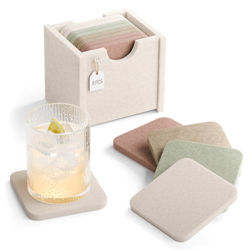 Fluxynara Felt Coasters for Drinks, Set of 8 Absorbent Coasters with Holder, Heat-Resistant & Reusable Square Design for Coffee Table & Living Room, 3.94 Inch, Boho - color: Boho, size: Square - 8 Count