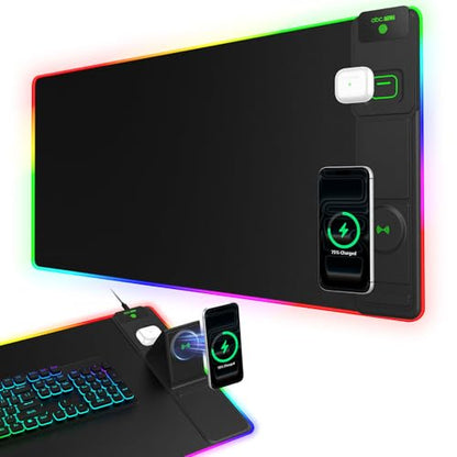 XXL RGB LED Gaming Mouse Pad with Magnetic Wireless Charging & Foldable Phone Holder, 31.5"x15.8" Extended Ultra-Smooth Desk Pad, 25 Lighting Effects, Non-Slip Base - color: RGB-31.5"x15.8"-Magnetic Stand-Right