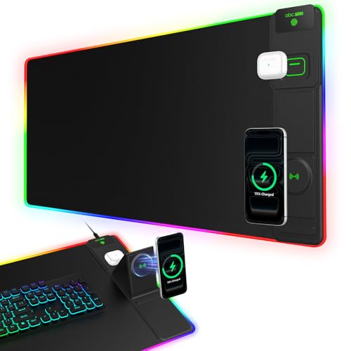 XXL RGB LED Gaming Mouse Pad with Magnetic Wireless Charging & Foldable Phone Holder, 31.5"x15.8" Extended Ultra-Smooth Desk Pad, 25 Lighting Effects, Non-Slip Base - color: RGB-31.5"x15.8"-Magnetic Stand-Right