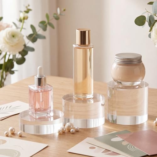 Geelin 9 Pcs Acrylic Risers Stand Display Block Decor Riser 3 Size Decor Clear Polished Cube Solid Pedestal Stand for Jewelry Perfume Photography Collection Food Doll Wedding High Density (Round) - style: Round