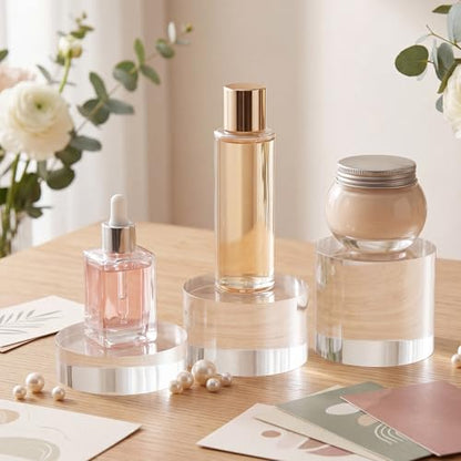 Geelin 9 Pcs Acrylic Risers Stand Display Block Decor Riser 3 Size Decor Clear Polished Cube Solid Pedestal Stand for Jewelry Perfume Photography Collection Food Doll Wedding High Density (Round) - style: Round