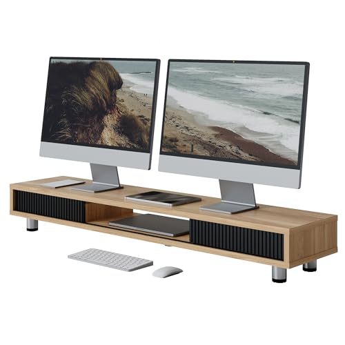 Fenge Dual Monitor Stand, 42.5inch Long Monitor Stands Riser for 2 Monitors, Glass Sliding Door with Storage Organizer Stand for Desk, 2 Tier Desk Shelf for Laptop, Pc, Printer, Computer, TV - color: Dark Oak