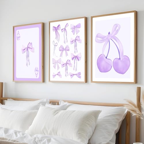 Purple Coquette Trendy Preppy Bows Cherry Wall Art Prints Set of 3 Watercolor Light Purple Poker Posters Wall Decor Girly Dorm Room College Apartment Aesthetic for Girls Bedroom 16x24 inch Unframed - size: 16x24 inch Unframed