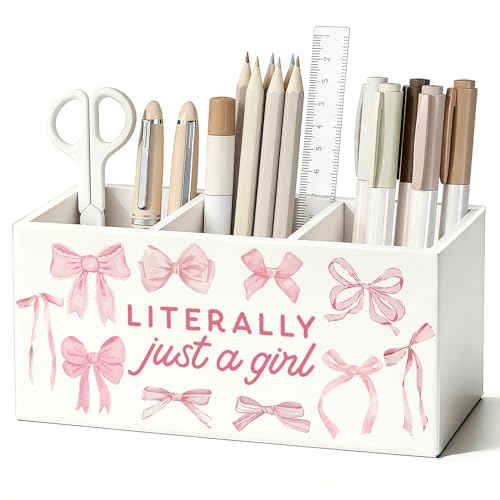 Pink Coquette Bow Pen Pencil Holder for Desk, Preppy Desk Decor, Preppy Aesthetic Literally Just a Girl Wooden Box Sign Decorations for Girls Bedroom Room Dorm Tabletop - color: 02-I'm Literally Just a Girl(white-Pink)