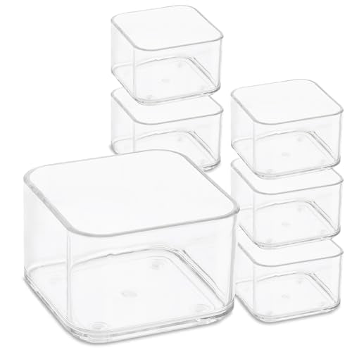 primebox Plastic Clear Acrylic Drawer Organizers. Bathroom, Kitchen, Bedroom, Utensils, Office Organizer Bins, Storage Trays. Heavy Duty, Stackable. 3" x 3" x 2" Set of 6 - size: 3" x 3" x 2"
