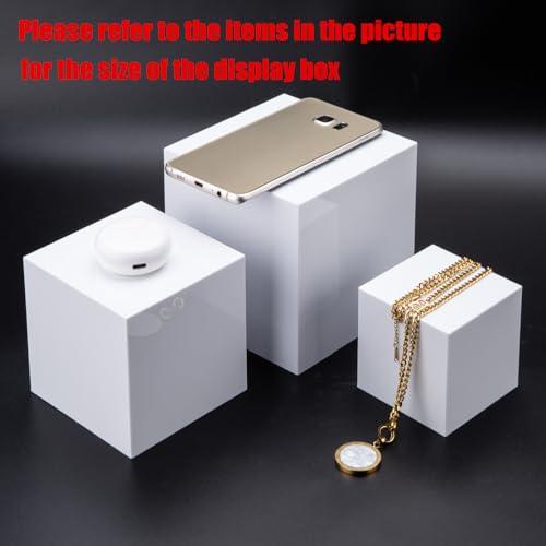 Clisela 3pcs Acrylic Cube Display Stands Box Risers White 3" 4" 5" | Food Risers for Buffet Table w/Hollow Bottoms, Decorative Display Stand Shelf for Dessert Collectibles Jewelry Figures Show - size: (3,4,5)"- White