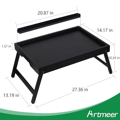 Artmeer Bed Tray Table with Folding Legs, Bamboo Breakfast Food Tray with Media Slot, Use As Platter, Laptop Desk, Snack, TV Tray Kitchen Serving Tray (Black Extra-Large Size) - color: Black, size: X-Large