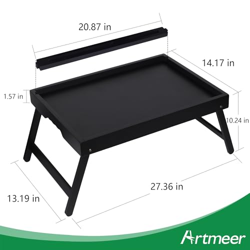 Artmeer Bed Tray Table with Folding Legs, Bamboo Breakfast Food Tray with Media Slot, Use As Platter, Laptop Desk, Snack, TV Tray Kitchen Serving Tray (Black Extra-Large Size) - color: Black, size: X-Large