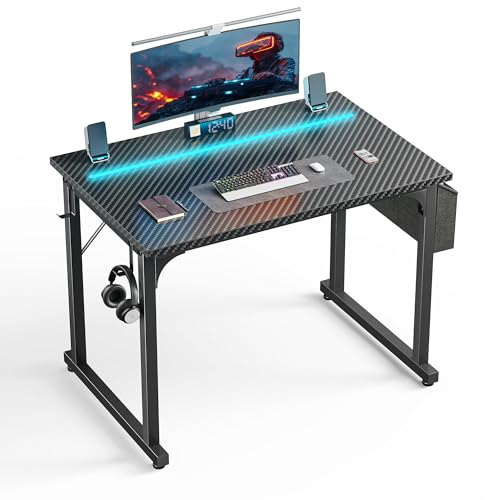 DurayLoly 32" Gaming Desk with Waterproof LED Lights, Carbon Fiber Desktop for Small Spaces | Home Office Study Computer Desk with Storage Bag & Headphone Hook, Black - color: Black, size: 32 Inch