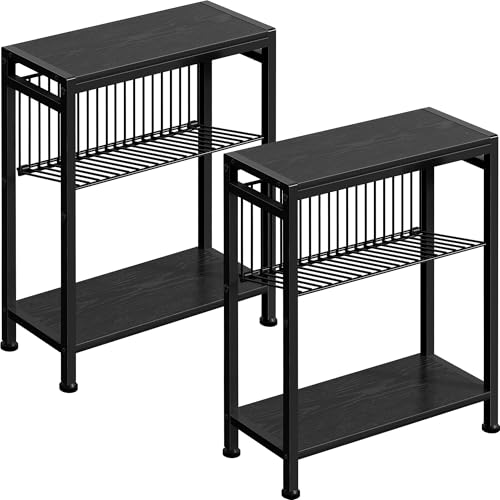 End Table Set of 2 for Small Space, 3-Tier Narrow Side Table with Magazine Holder,Slim Nightstand, Skinny Snack Couch Table in Living Room, Bedroom Study and Balcony (Black) - color: Black-2pcs