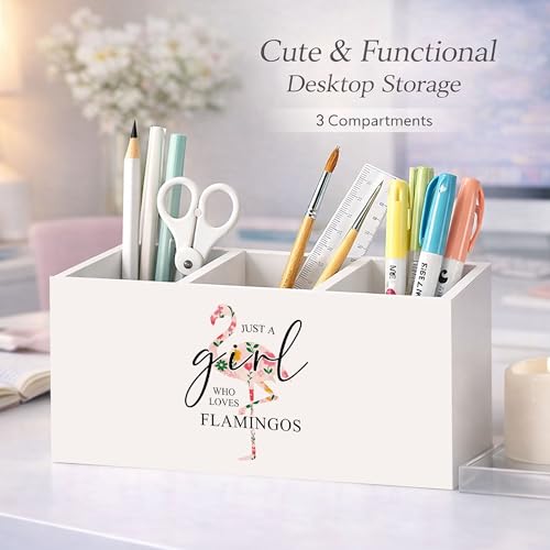 Flamingo Wooden Desk Organizer Pen Holder | Cute flamingo desk decor with 3 compartments; wooden pen holder for office, home desk storage, or tropical bird lovers. - color: Flamingo Girl