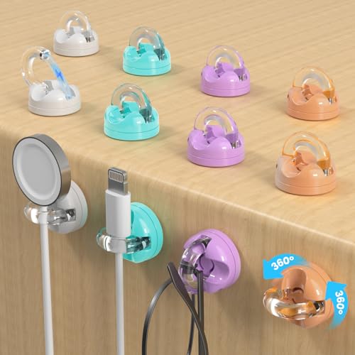 Rotatable Magnetic Cable Clips, Smooth Adjustable Cord Holder, Under Desk Cable Management, Adhesive Charging Wire Holder Keeper Organizer for Office Nightstand Wall (12-Pack White-Purple-Orange-Cyan) - color: 12-Pack White-Purple-Orange-Cyan