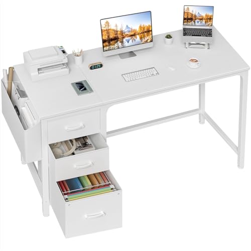 Lufeiya White Computer Desk with Fabric File Drawers Cabinet, 55 Inch Reversible Desks with Storage Filing Cabinet for Home Office, Modern Writing Table PC Desks for Bedroom, White - color: White, size: 54.6"